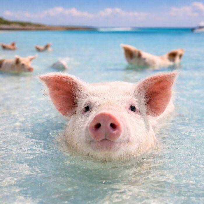 Swimming pig Exuma Bahamas crystal clear turquoise water close up