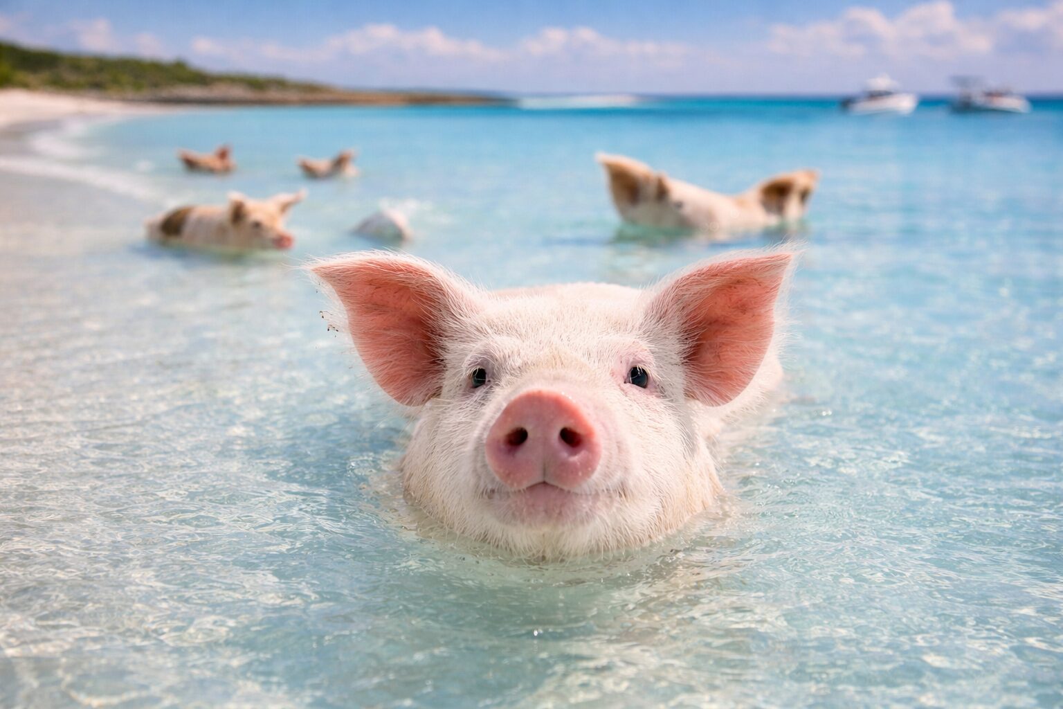 Swimming pig Exuma Bahamas crystal clear turquoise water close up