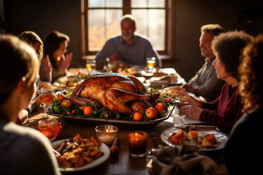 Thanksgiving menu with friends and family gathered around the table.