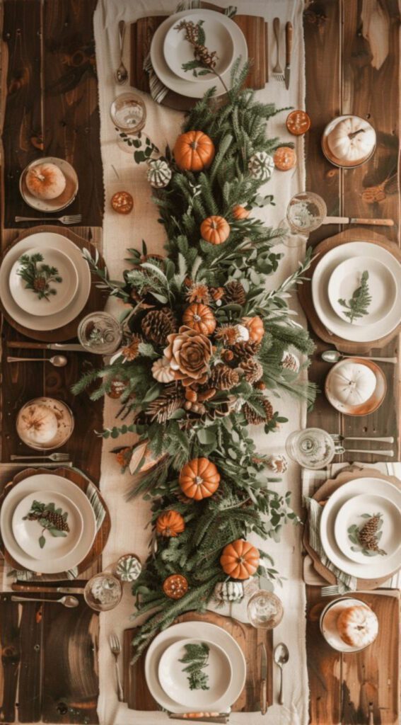 Beautiful wooden table with elegant Thanksgiving decorations.