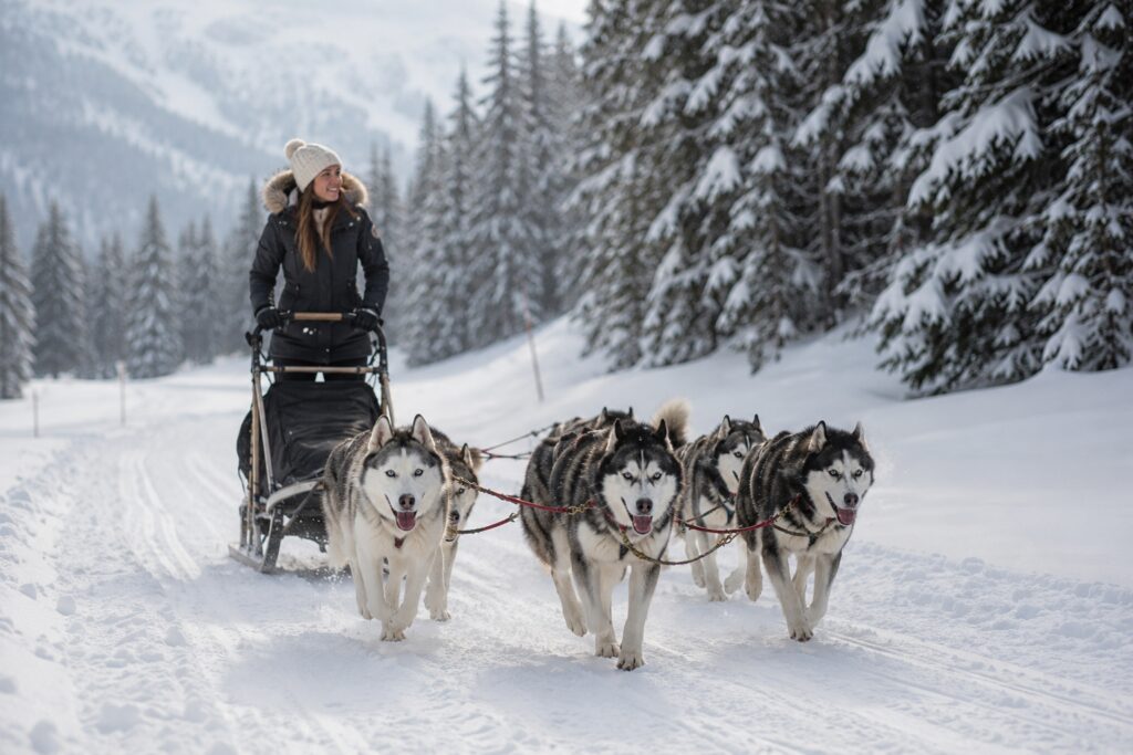 Woman guiding a husky sled team through a snowy winter forest