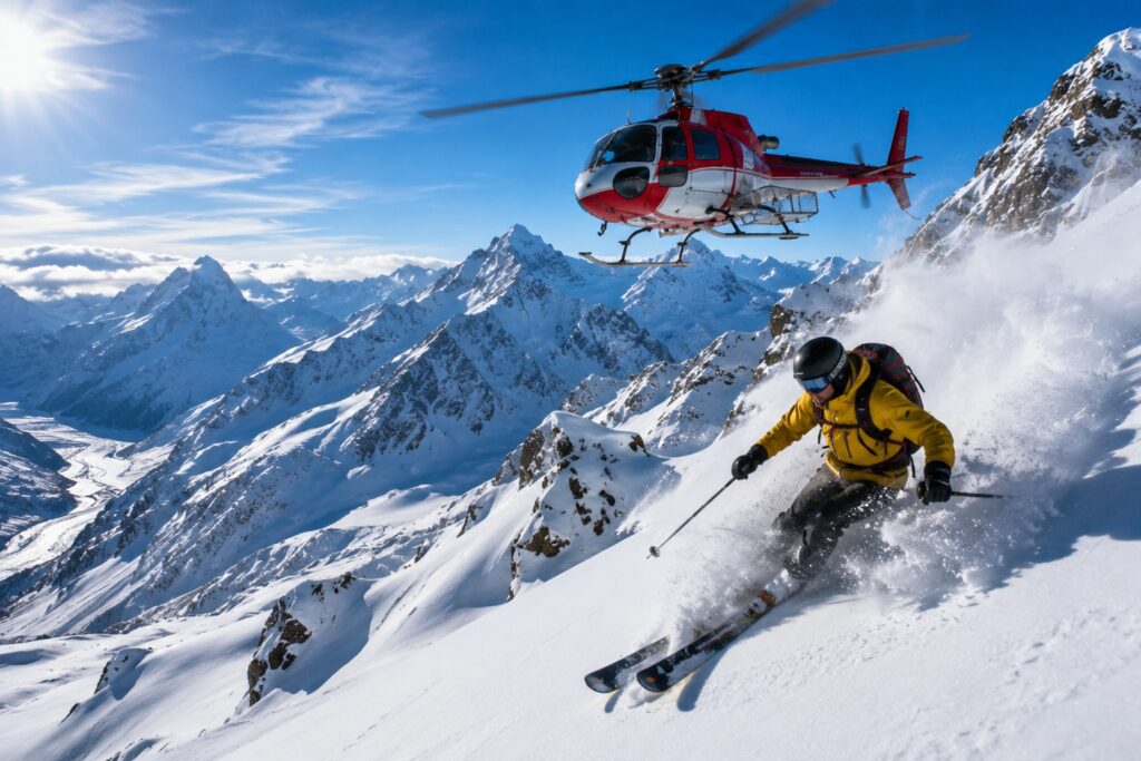 Skier descending a snowy alpine slope with a helicopter flying above