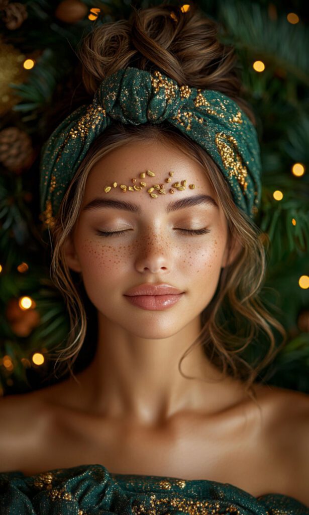 A beautiful girl framed by dark green fabric, with golden stitches elegantly placed on her forehead Namaste