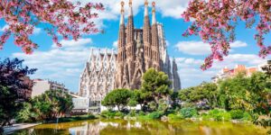Sagrada Família Church in Barcelona with Blossoms in the Foreground