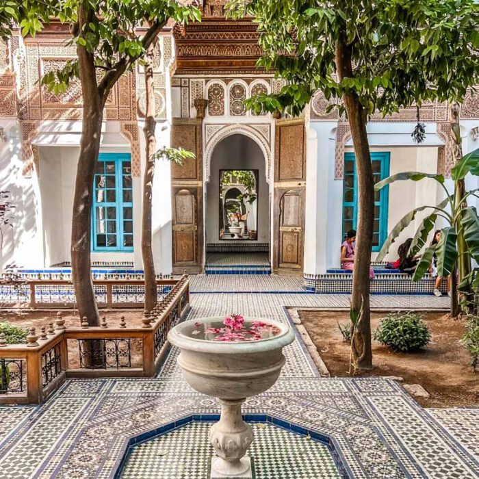 Moroccan riad courtyard with a little fountain