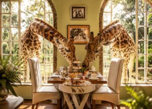 Two giraffes leaning through the windows during breakfast at Giraffe Manor in Nairobi