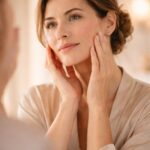 Woman in her 40s touching her face with GHK-Cu copper peptides skincare, femmvoyage, femmwell