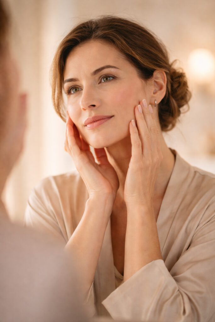 Woman in her 40s touching her face with GHK-Cu copper peptides skincare, femmvoyage, femmwell
