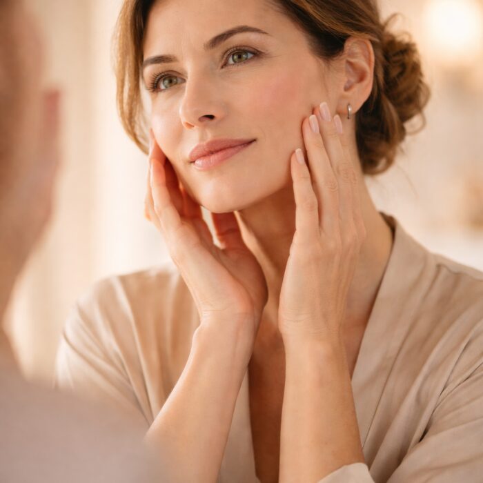 Woman in her 40s touching her face with GHK-Cu copper peptides skincare, femmvoyage, femmwell
