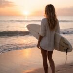 Luxury coastal travel sunset with woman holding surfboard looking at the ocean, by FemmVoyage