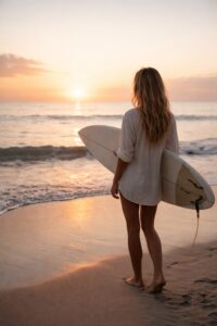 Luxury coastal travel sunset with woman holding surfboard looking at the ocean, by FemmVoyage