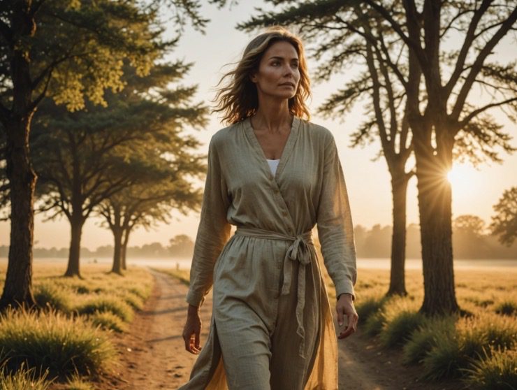 Woman walks in morning sunlight for her cortisol