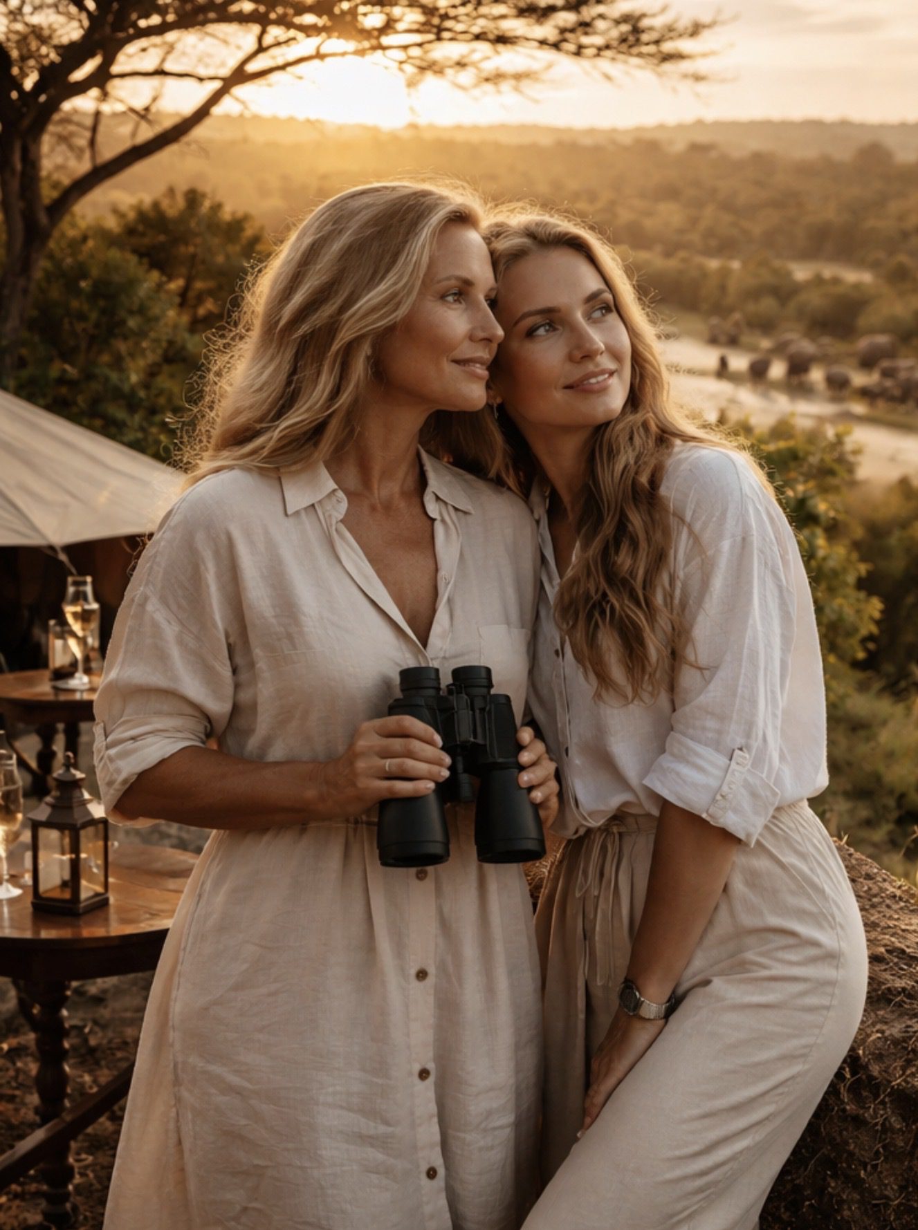 Mother and daughter on African safari at sunset, observing wildlife with binoculars overlooking the savanna in warm golden light