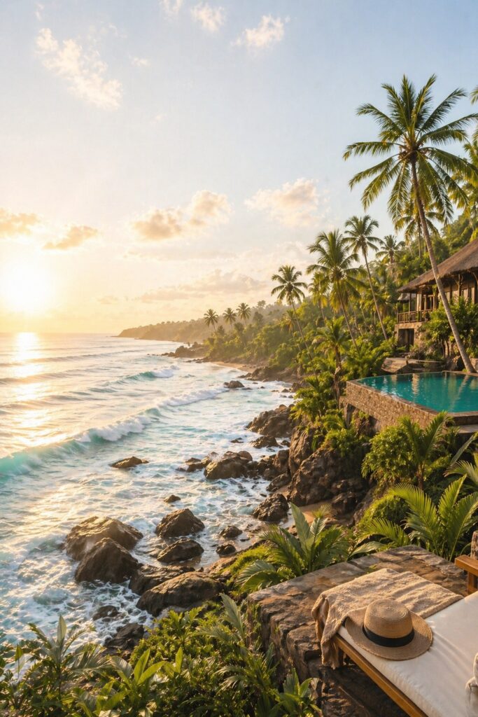 Sri Lanka coastline with palm trees, ocean waves and golden sunset for a luxury surf and nature journey