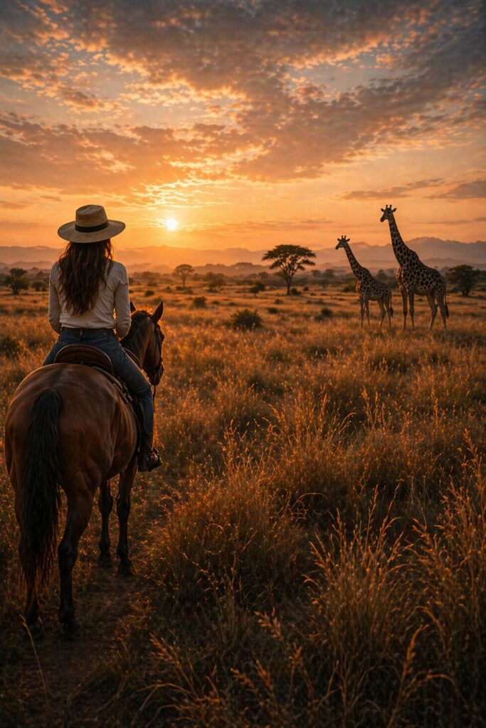 Woman on horseback in the African savanna at sunset, watching giraffes in golden evening light.