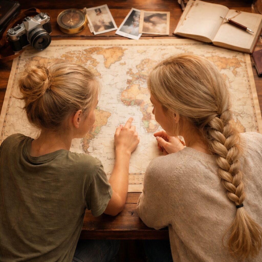 Mother and daughter planning their next journey over a vintage world map for FemmVoyage Travel Guides