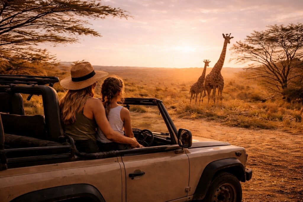 Mother and daughter on safari watching giraffes in African sunset