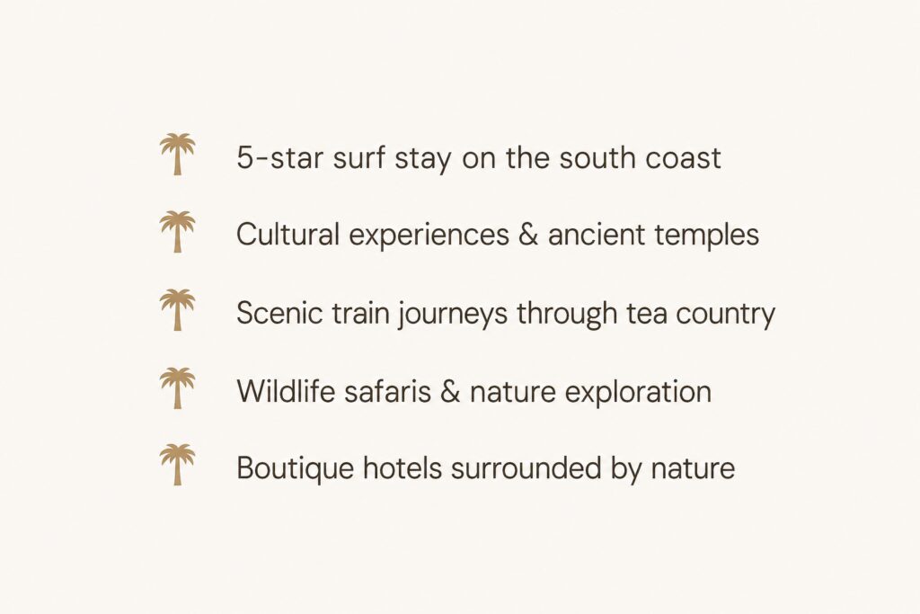 Luxury Sri Lanka surf experiences highlights with palm icons and travel elements