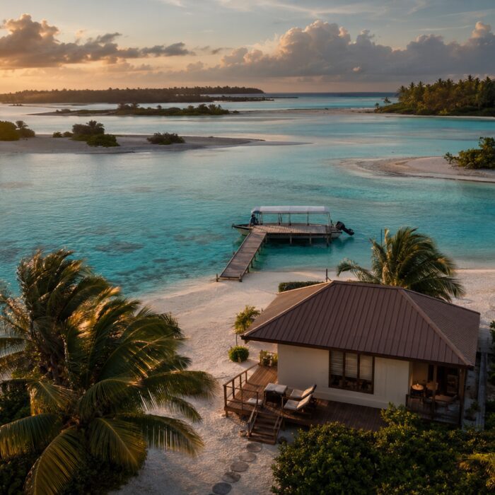 Aerial view of a secluded tropical island retreat, wooden jetty and turquoise lagoon waters on Tikehau Atoll