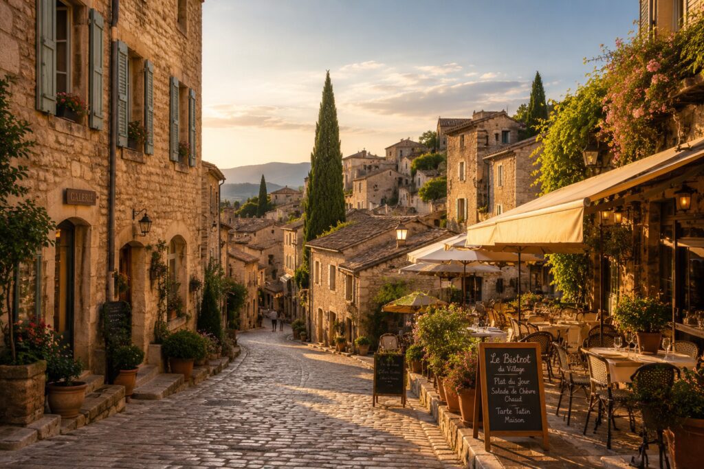 Charming cobblestone village street in Provence with French cafés, stone houses and golden evening light