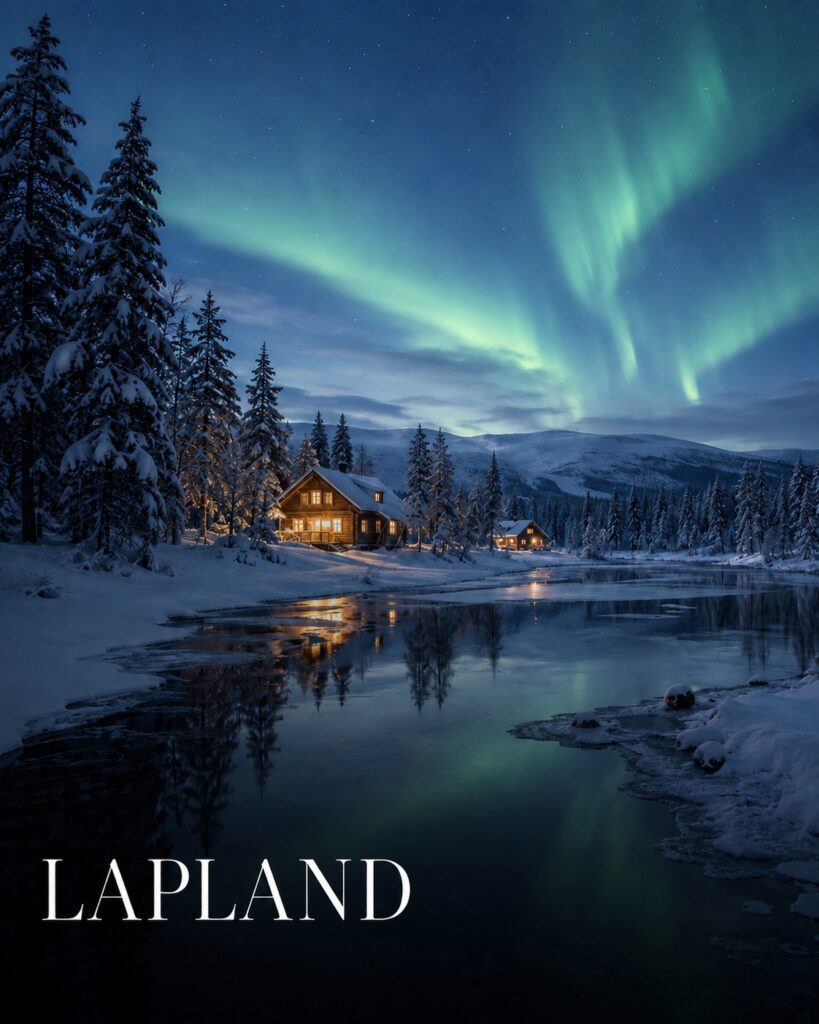 Snowy Lapland cabin under northern lights beside a frozen lake and pine forest