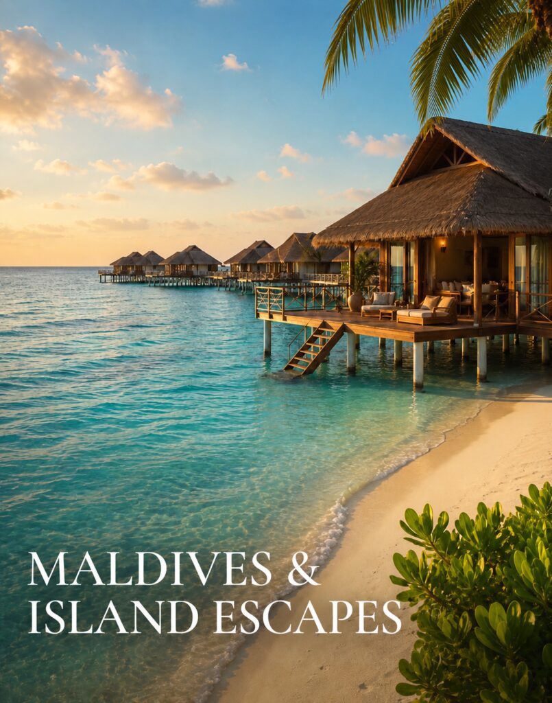 Luxury overwater villa in the Maldives with turquoise lagoon and tropical sunset