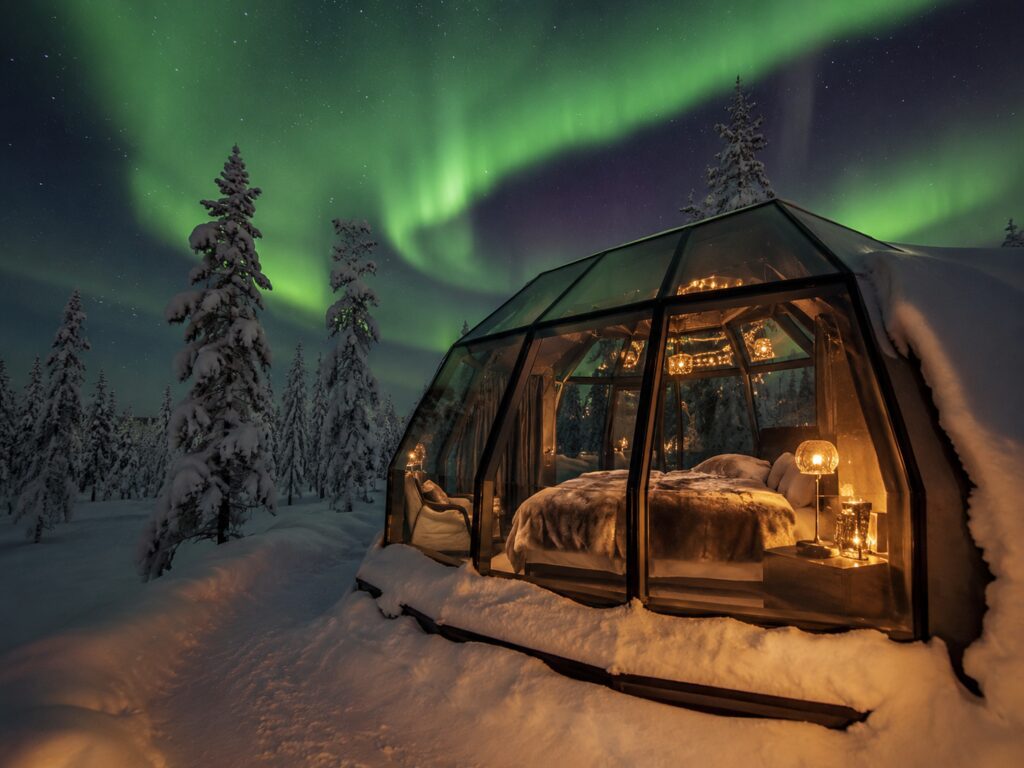 Cozy cabin under the northern lights in a snowy Lapland landscape