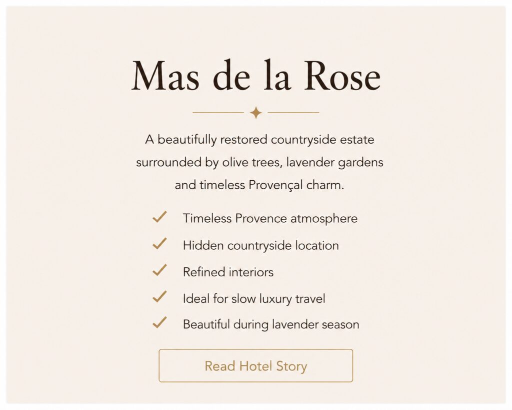 Luxury countryside hotel Mas de la Rose in Provence surrounded by olive trees and lavender gardens