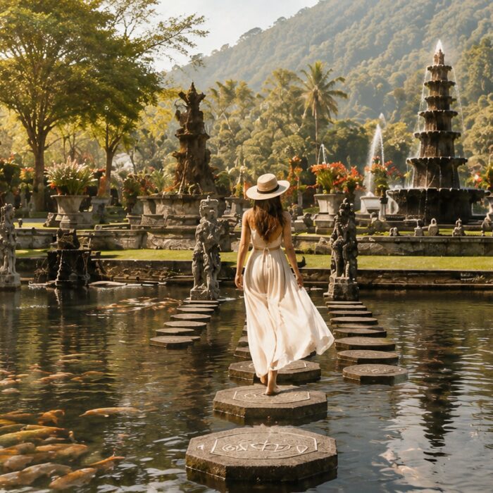 AI-generated header image of Tirta Gangga Water Palace in Bali, showing a woman in a flowing white dress walking across stepping stones above koi ponds, surrounded by statues, fountains and lush tropical gardens at golden hour.