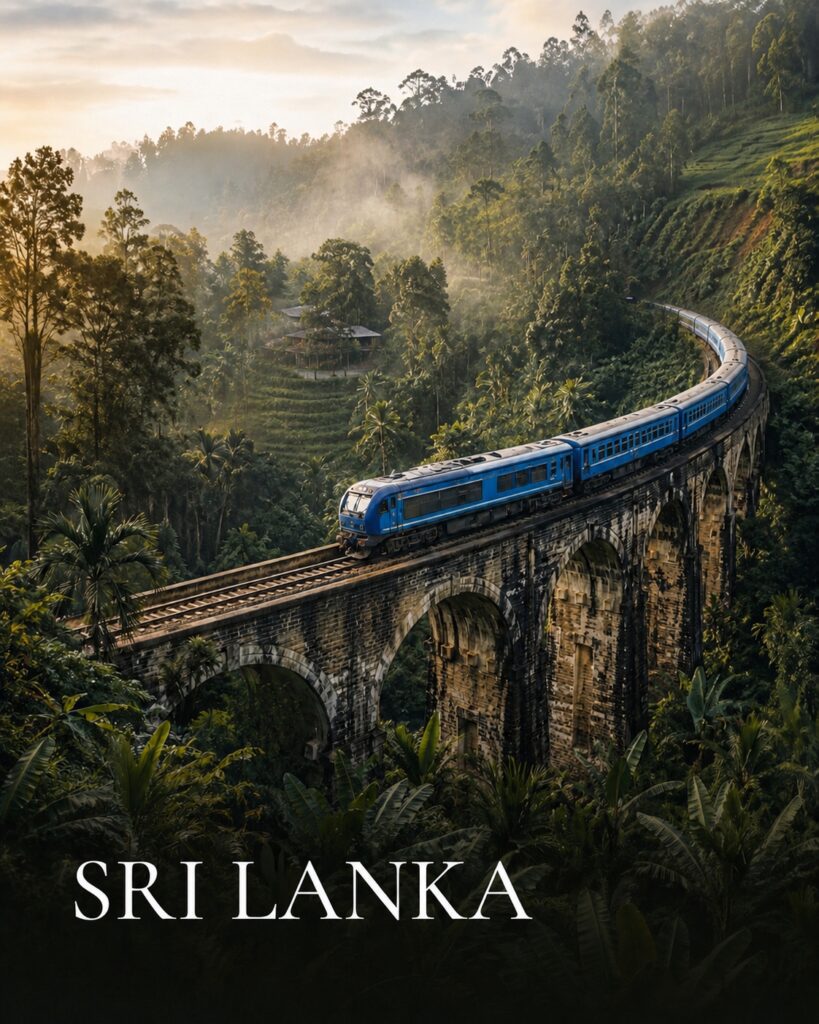 Blue train crossing a bridge through misty green hills in Sri Lanka