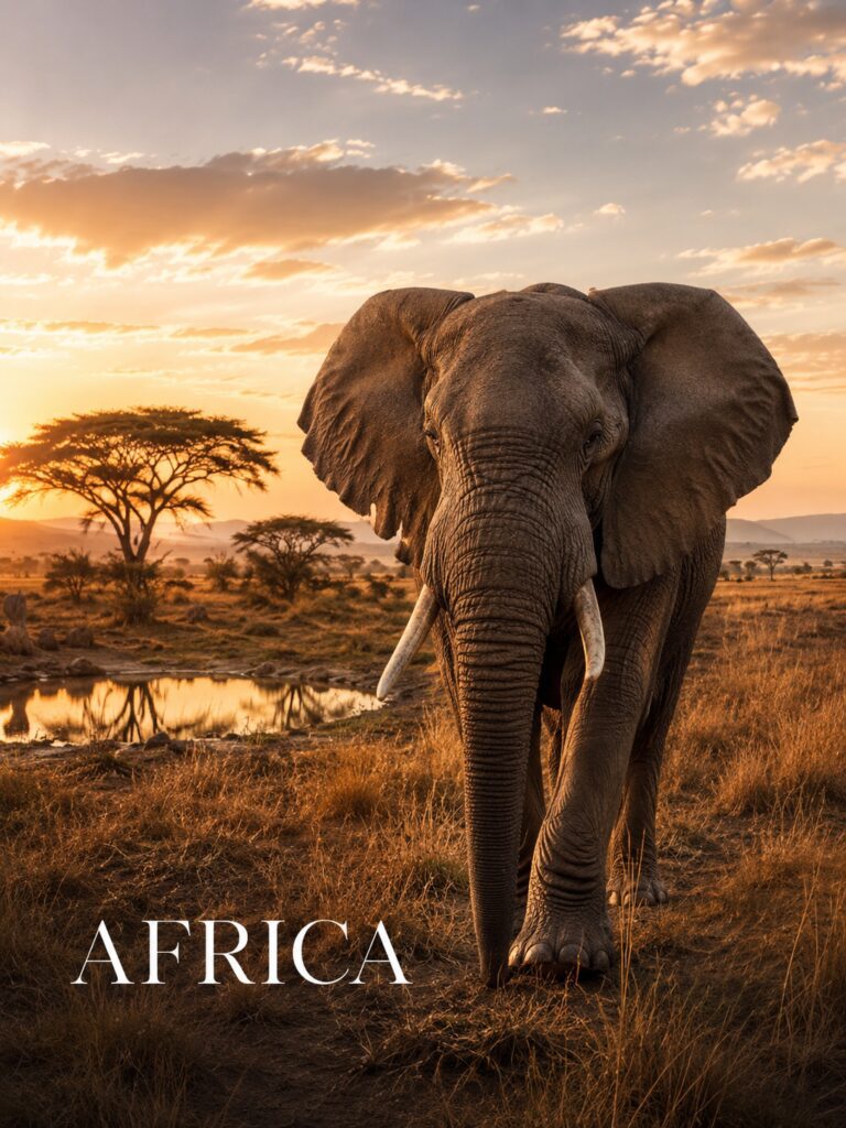 Elephant in the African savanna at golden hour with luxury safari atmosphere
