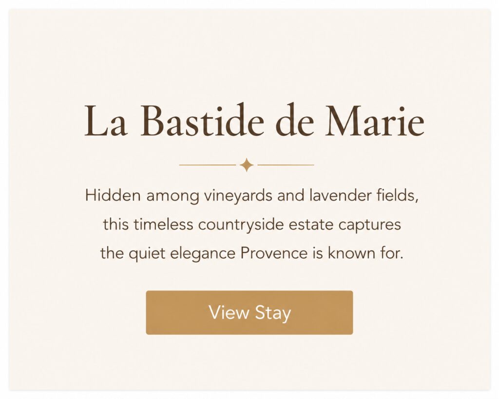 Luxury boutique hotel La Bastide de Marie surrounded by vineyards and lavender fields in Provence, France