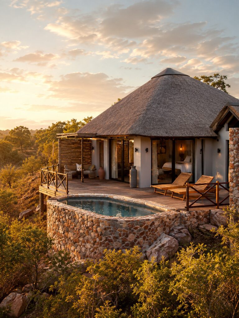 Thatched safari lodge suite with private plunge pool and wooden deck in the South African bushveld
