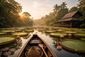 Ma Doo Bua Café Phuket lotus pond with boat at sunrise