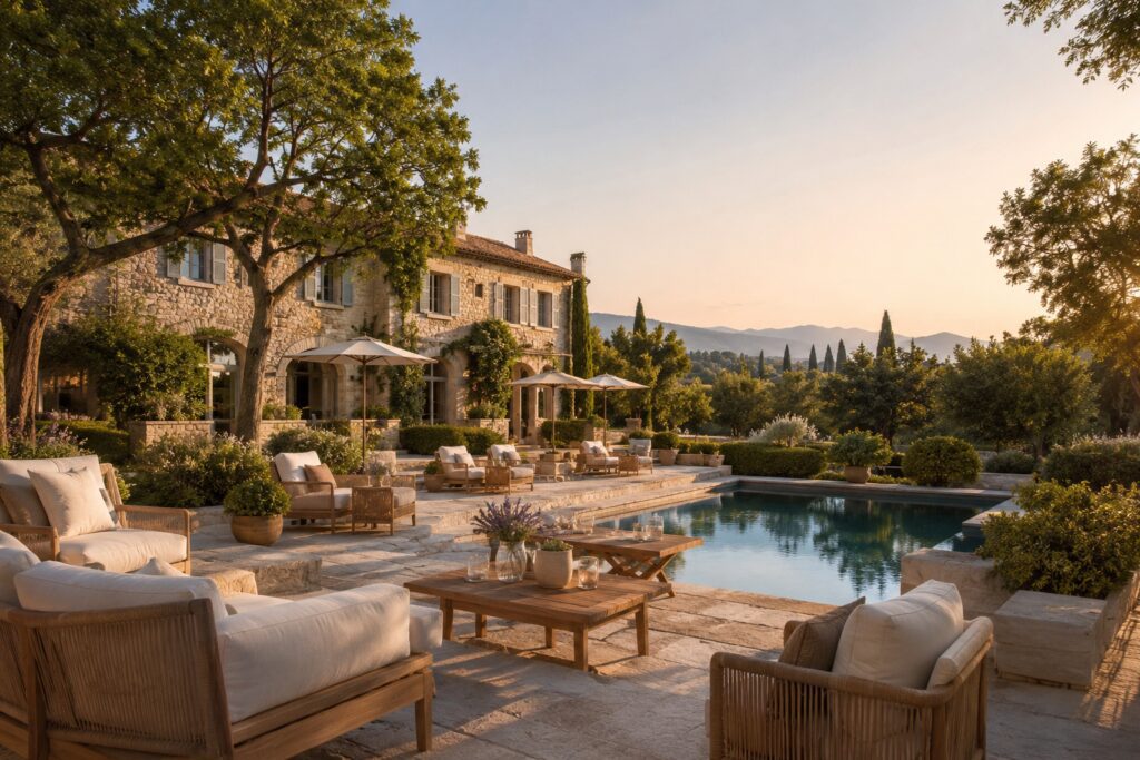 Luxury boutique hotel in Provence with elegant stone bastide, swimming pool and countryside terrace during golden hour