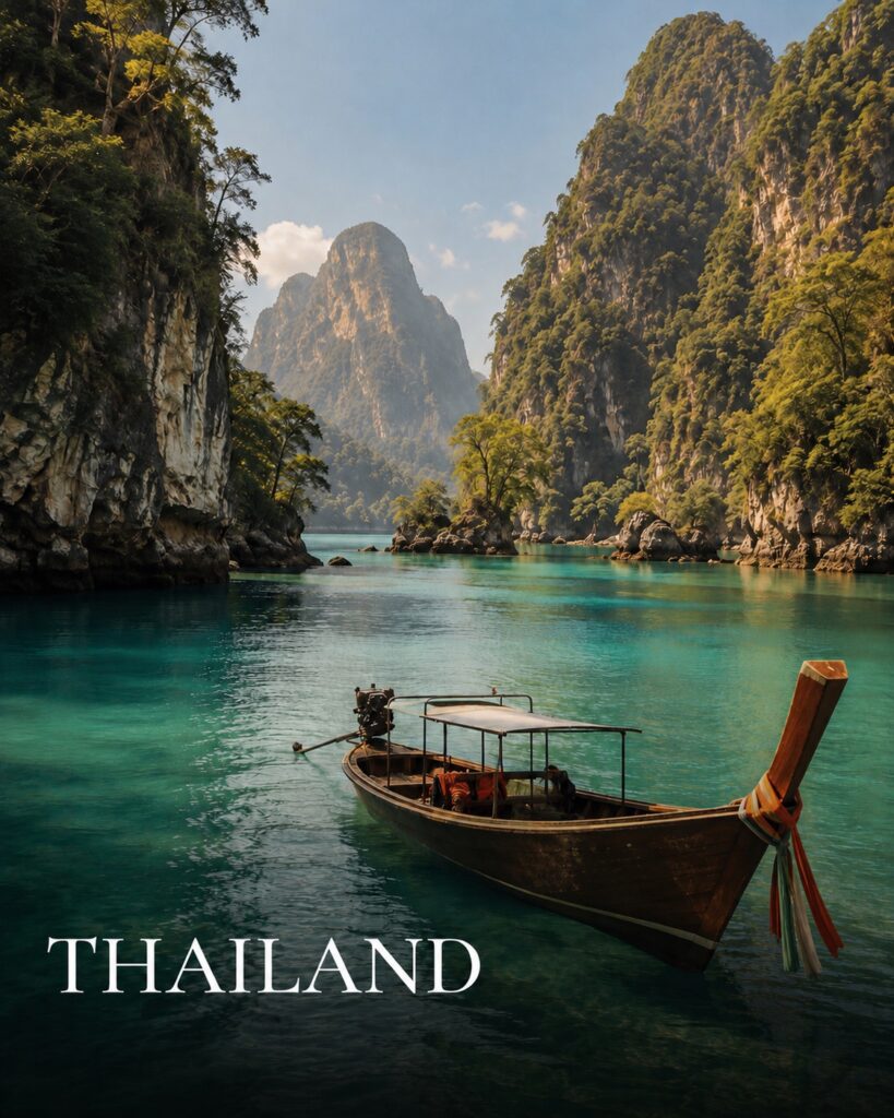 Traditional longtail boat in Thailand with turquoise water and limestone cliffs