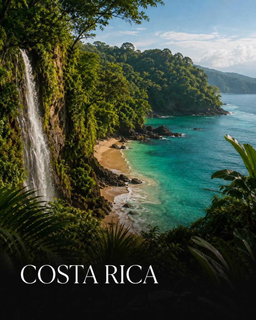 Rainforest coastline in Costa Rica with waterfall, tropical beach and turquoise ocean