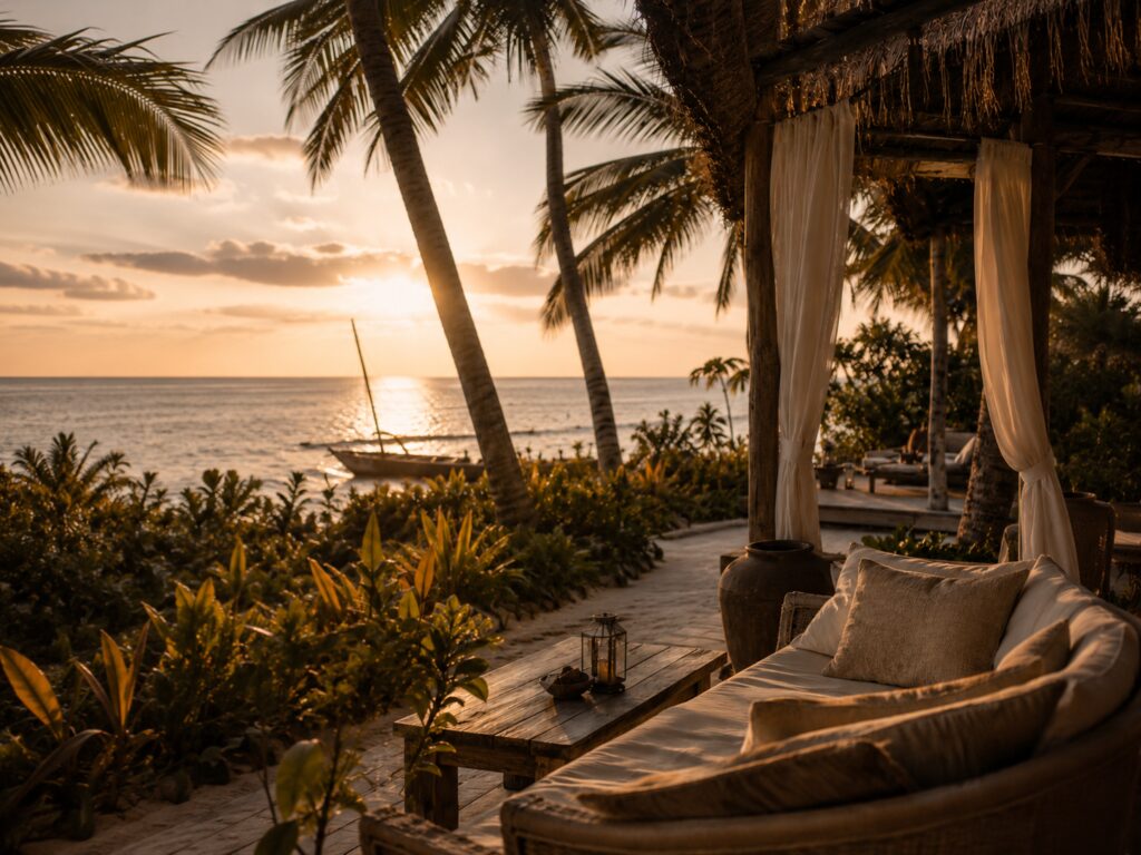 Luxury Zanzibar beach lounge at sunset with palm trees and ocean view