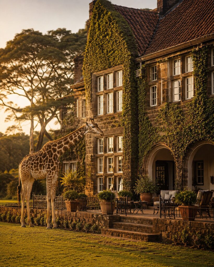 Giraffe standing beside an ivy-covered manor house in Kenya during golden hour