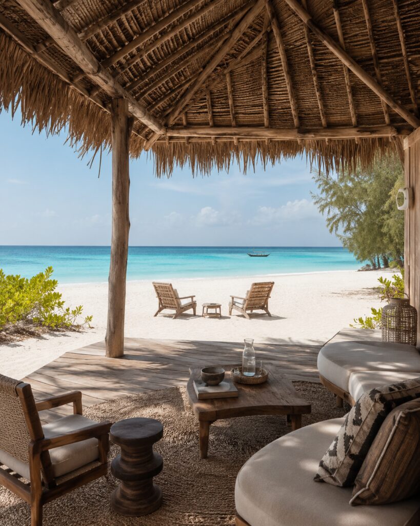 Beachfront thatched lounge overlooking turquoise water on Mnemba Island in Zanzibar