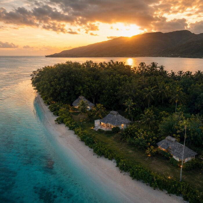 Cinematic aerial view of a tropical private island in the Raiatea lagoon at golden hour with turquoise water and mountain scenery