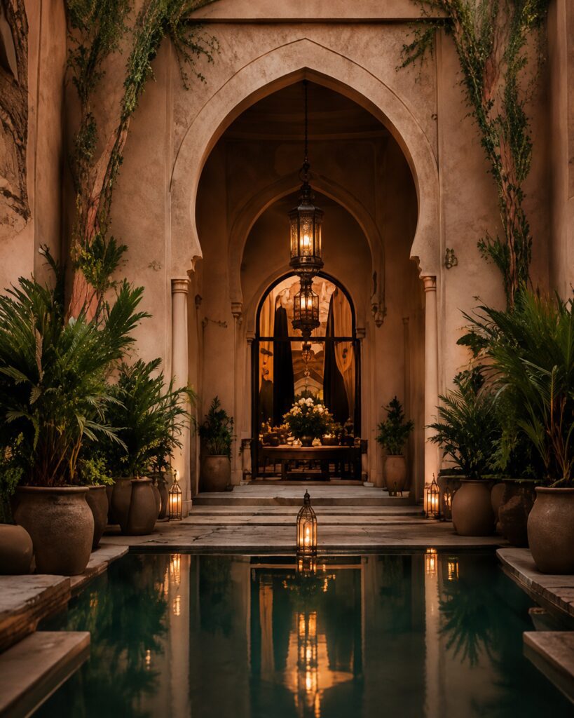 Luxury Moroccan riad courtyard with arched doorway, lantern light, lush plants, warm tadelakt walls and reflecting pool