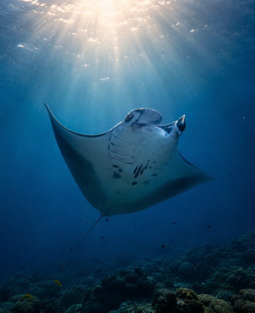 Manta ray swimming through the deep blue ocean in Indonesia during a luxury ocean journey