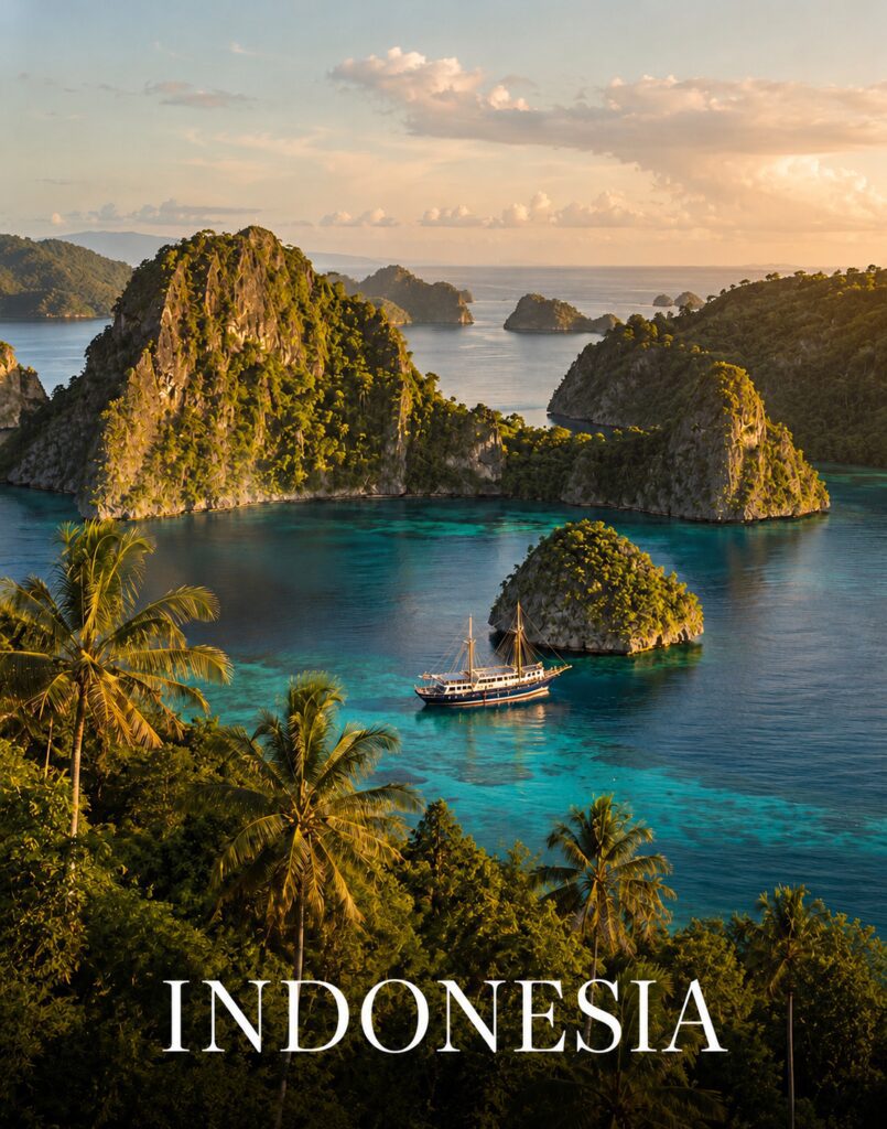 Tropical Indonesian islands with turquoise water, limestone cliffs and a traditional boat