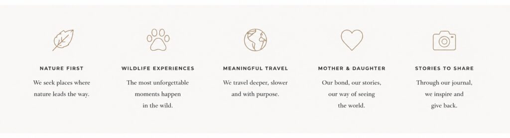 Minimal luxury editorial banner with nature, wildlife, meaningful travel and mother & daughter storytelling icons for FemmVoyage.