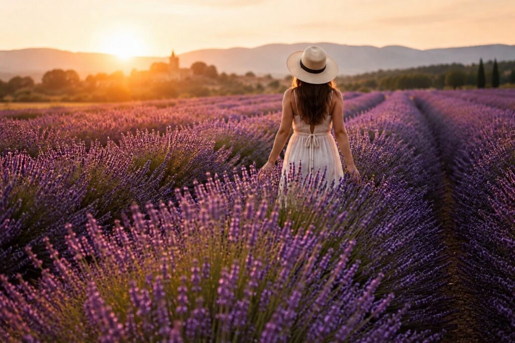 Woman walking through lavender fields at sunset in Provence, France with mountains and a hilltop village in the background