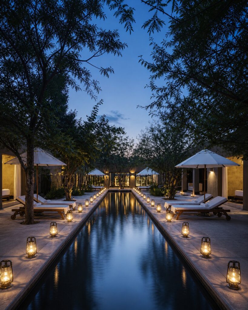 Luxury safari lodge pool at twilight with lanterns, white loungers and trees in South Africa