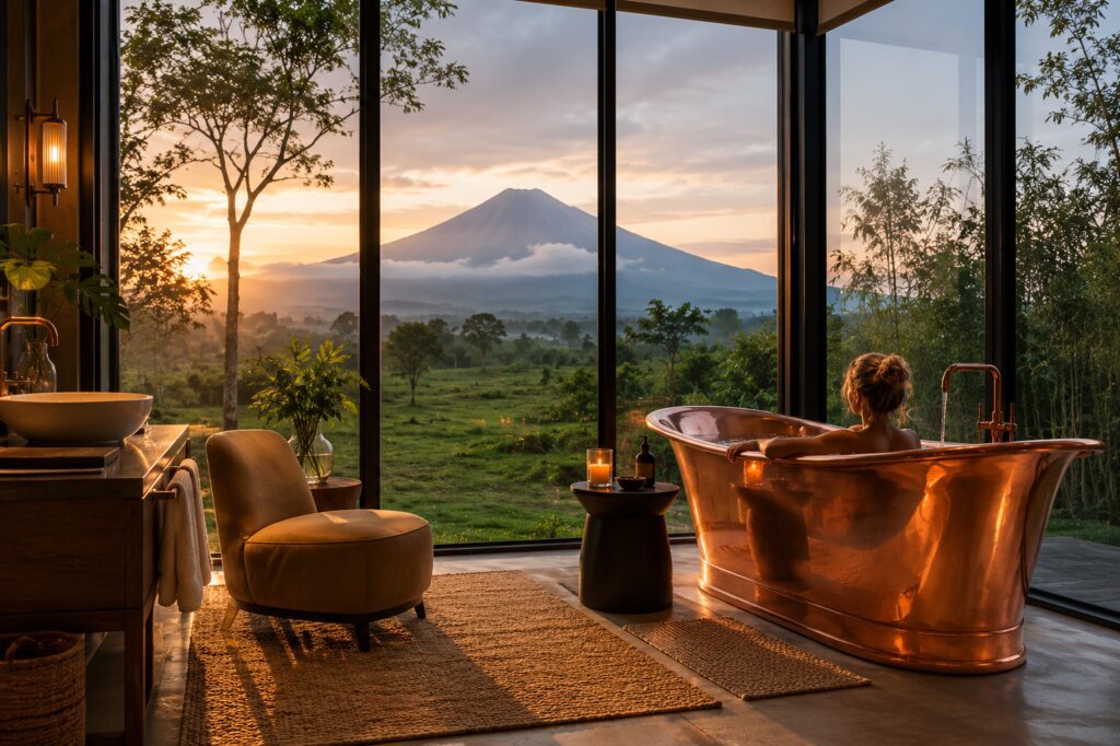 Luxury copper bathtub overlooking Rwanda’s Virunga volcanoes at Kataza House.