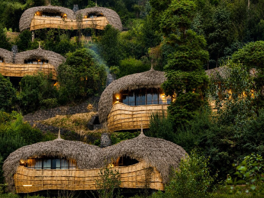 Thatched forest villas of Bisate Lodge surrounded by lush greenery in Rwanda