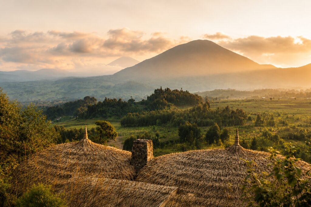 Golden hour view over Rwanda’s volcanic hills from Bisate Lodge near Volcanoes National Park